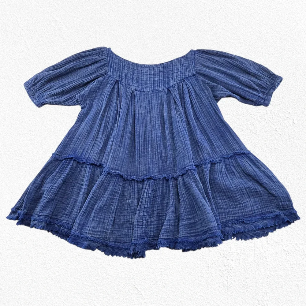 Free People Blue Gauze Tiered Peasant Tunic Dress Oversized Boho Top Size XS